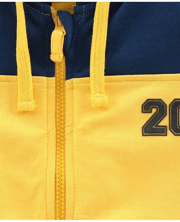 Pine Kids Full Sleeves Biowashed Hooded Sweat Jacket Numeric 20 Patch - Yellow Navy Blue