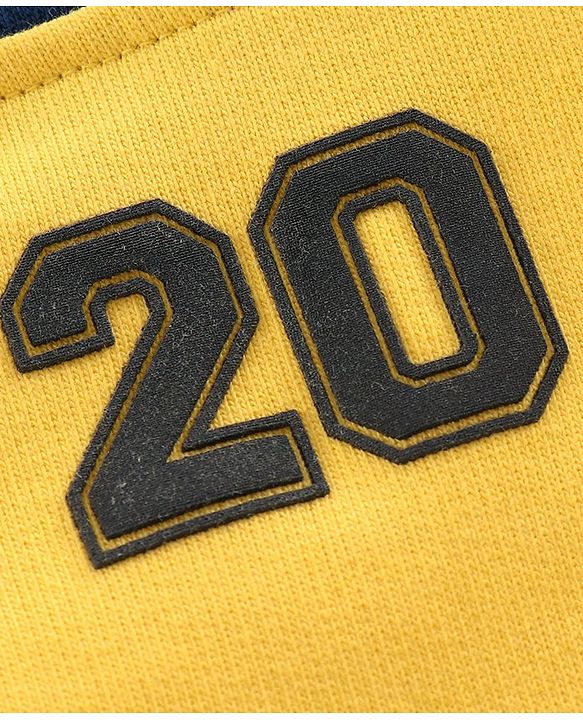 Pine Kids Full Sleeves Biowashed Hooded Sweat Jacket Numeric 20 Patch - Yellow Navy Blue