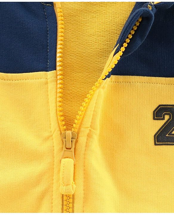Pine Kids Full Sleeves Biowashed Hooded Sweat Jacket Numeric 20 Patch - Yellow Navy Blue