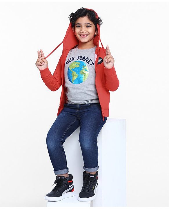 Pine Kids Full Sleeves Biowashed Hooded Sweat Jacket - Red