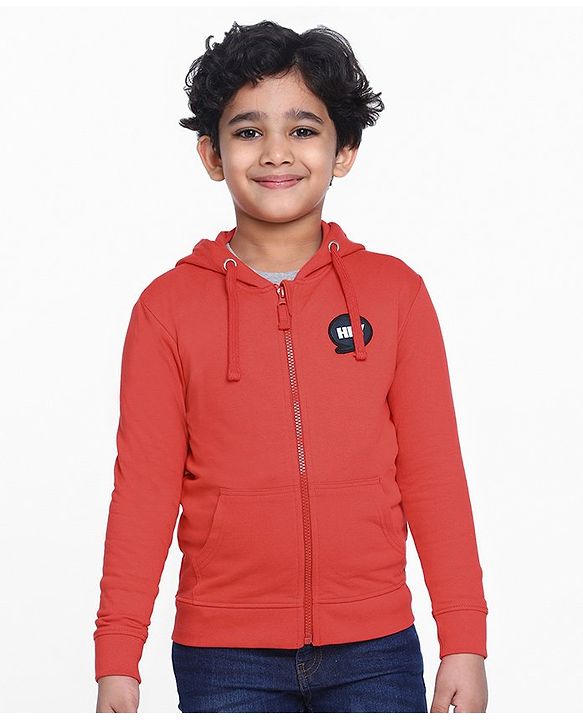 Pine Kids Full Sleeves Biowashed Hooded Sweat Jacket - Red