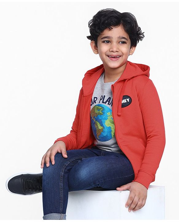 Pine Kids Full Sleeves Biowashed Hooded Sweat Jacket - Red