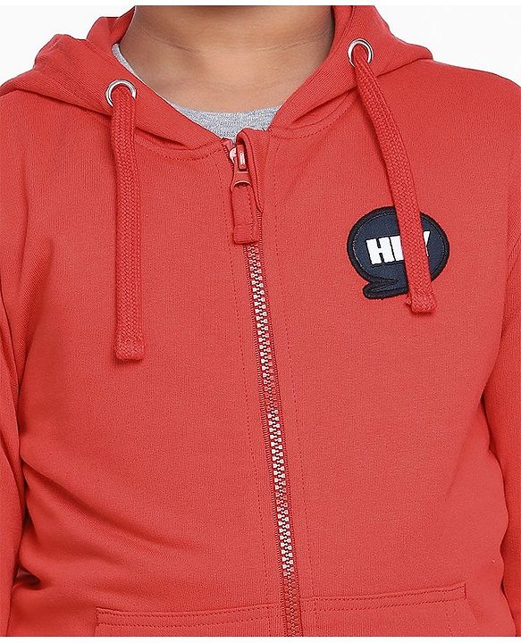 Pine Kids Full Sleeves Biowashed Hooded Sweat Jacket - Red