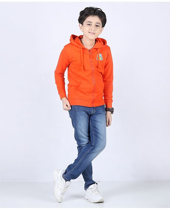 Pine Kids Full Sleeves Biowashed Hooded Sweat Jacket - Orange