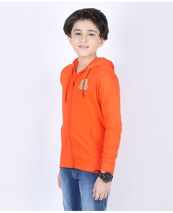 Pine Kids Full Sleeves Biowashed Hooded Sweat Jacket - Orange