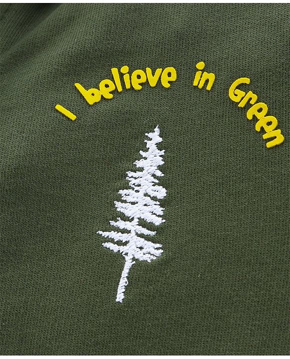 Pine Kids Full Sleeves Biowashed Hooded Sweat Jacket Green Print - Olive Green