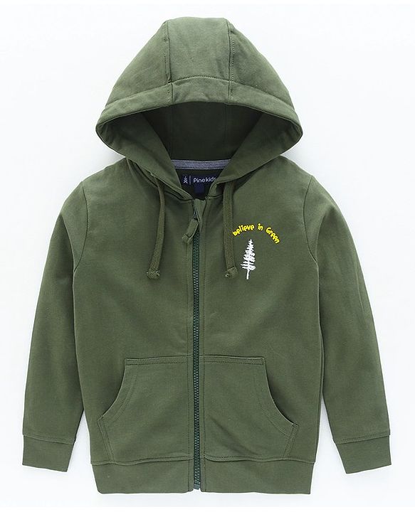 Pine Kids Full Sleeves Biowashed Hooded Sweat Jacket Green Print - Olive Green