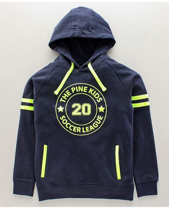 Pine Kids Full Sleeves Hooded Sweatshirt Text Print - Navy Blue