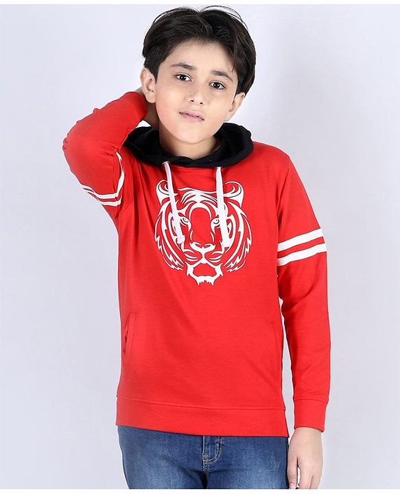 Pine Kids Full Sleeves Biowashed Hooded Sweatshirt Tiger Print - Red