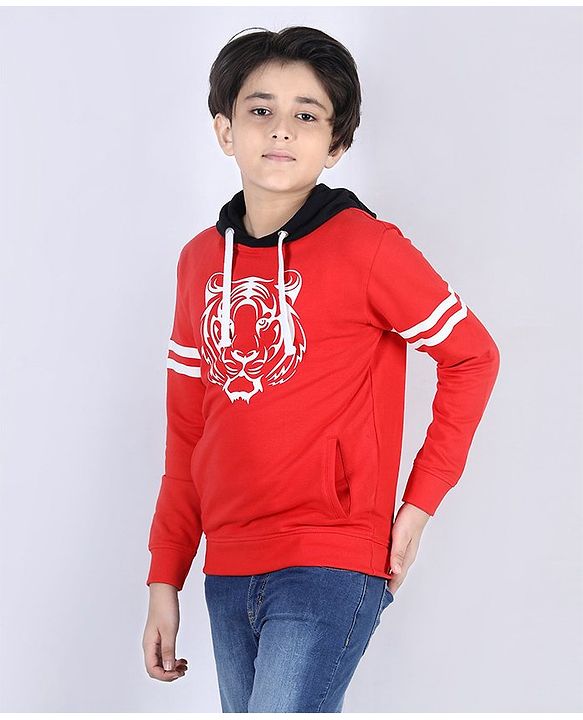 Pine Kids Full Sleeves Biowashed Hooded Sweatshirt Tiger Print - Red