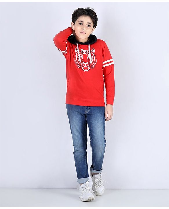 Pine Kids Full Sleeves Biowashed Hooded Sweatshirt Tiger Print - Red