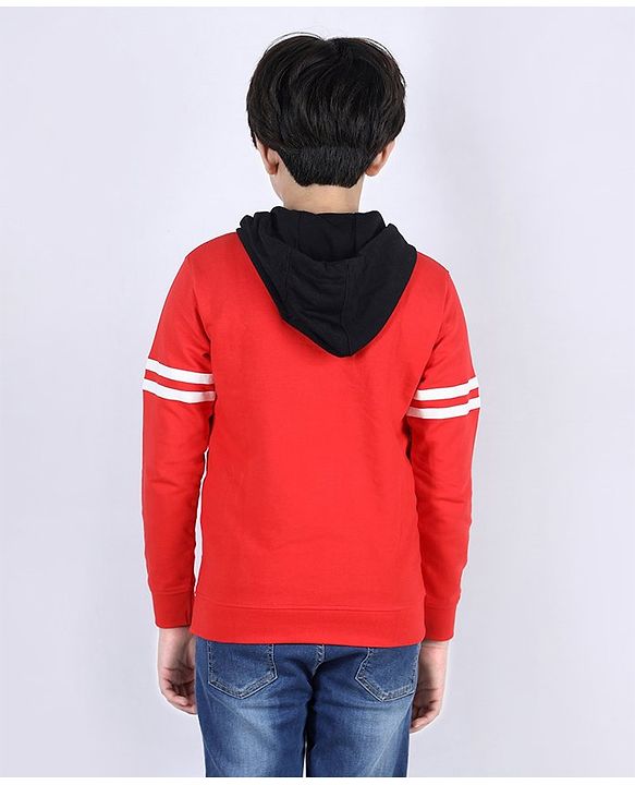 Pine Kids Full Sleeves Biowashed Hooded Sweatshirt Tiger Print - Red