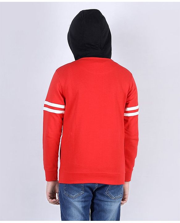 Pine Kids Full Sleeves Biowashed Hooded Sweatshirt Tiger Print - Red