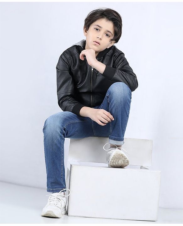Pine Kids Full Sleeves Hooded Jacket Explore Patch - Black