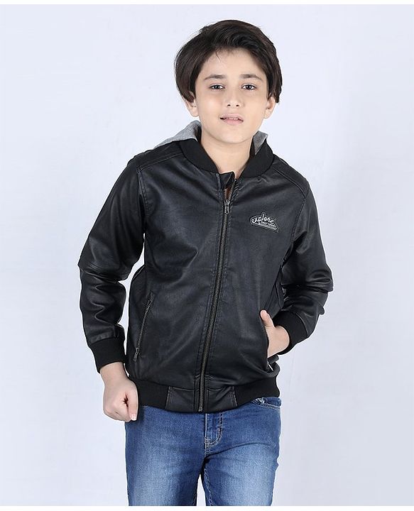 Pine Kids Full Sleeves Hooded Jacket Explore Patch - Black