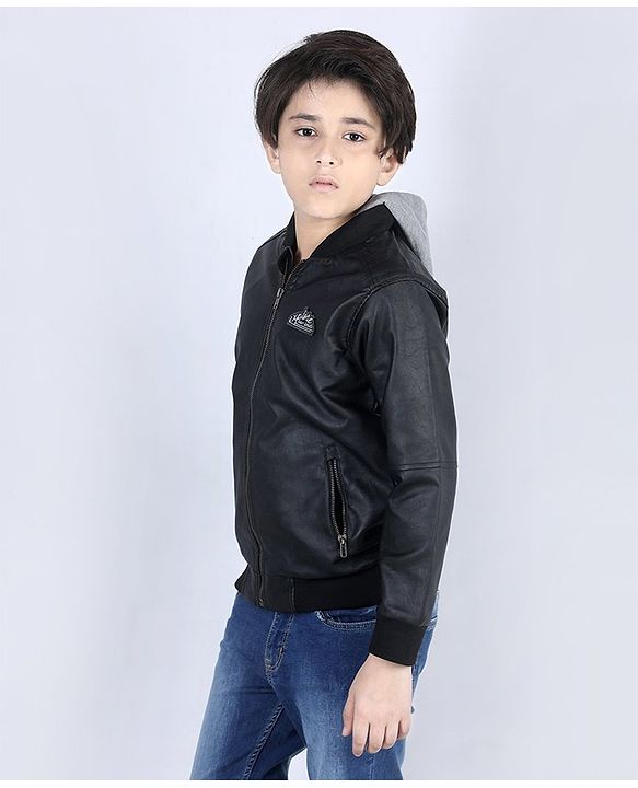 Pine Kids Full Sleeves Hooded Jacket Explore Patch - Black