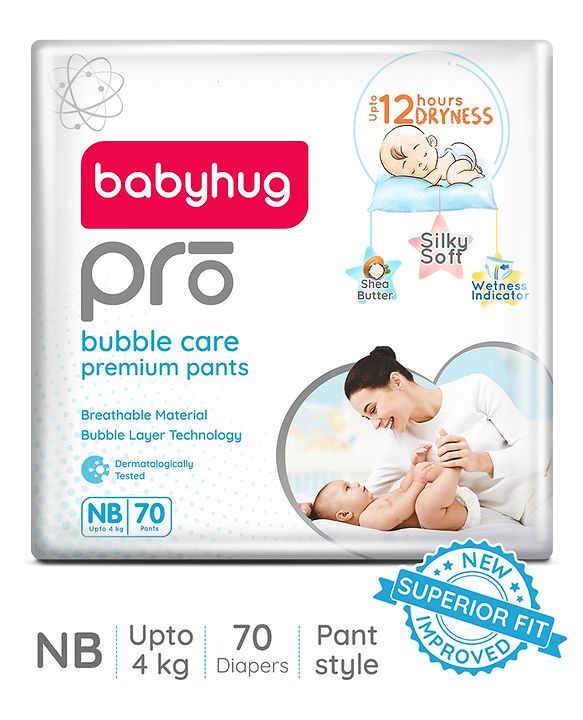 Babyhug Pro Bubble Care Premium Pant Style Diaper New Born (NB) Size - 70 Pieces - New & Improved Superior Fit