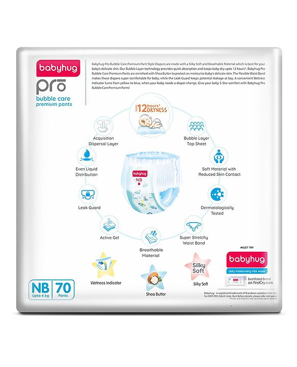 Babyhug Pro Bubble Care Premium Pant Style Diaper New Born (NB) Size - 70 Pieces - New & Improved Superior Fit