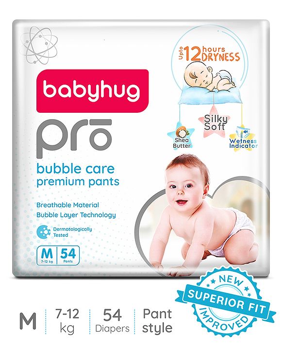 Babyhug Pro Bubble Care Premium Pant Style Diaper Medium (M) Size - 54 Pieces - New & Improved Superior Fit