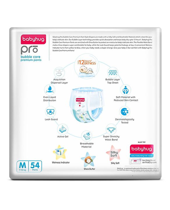 Babyhug Pro Bubble Care Premium Pant Style Diaper Medium (M) Size - 54 Pieces - New & Improved Superior Fit