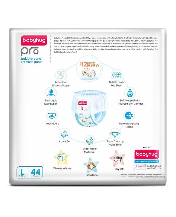 Babyhug Pro Bubble Care Premium Pant Style Diaper Large (L) Size - 44 Pieces - New & Improved Superior Fit
