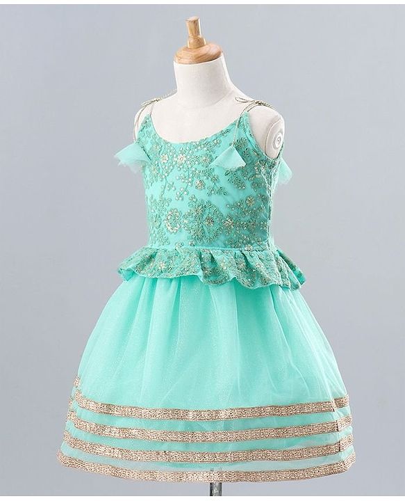 Babyhug Sleeveless Shimmer Ethnic Dress Floral Embroidery - Sky Blue