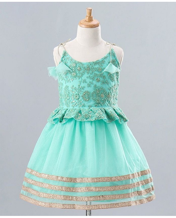Babyhug Sleeveless Shimmer Ethnic Dress Floral Embroidery - Sky Blue - 5-6Y Blue