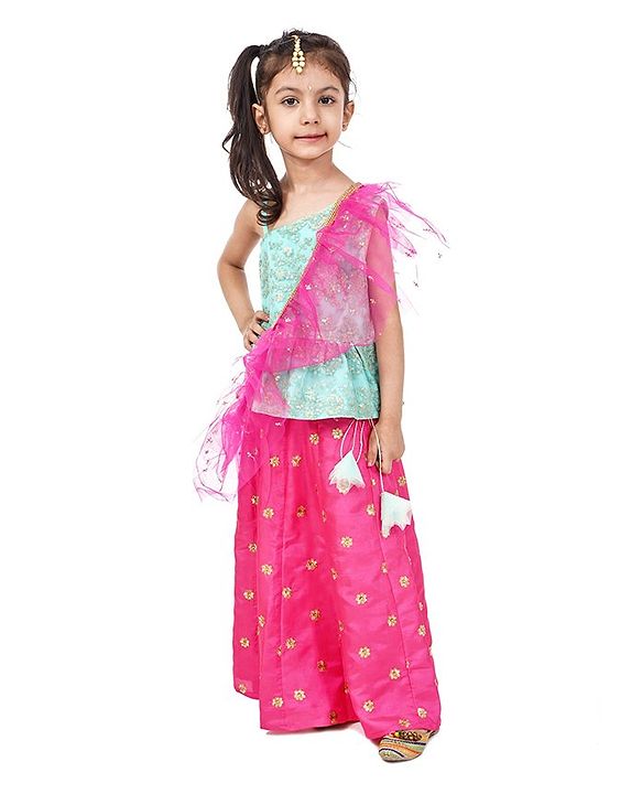 Babyhug One Shoulder Choli and Lehenga with Ruffled Net Dupatta Floral Embroidery - Blue Pink
