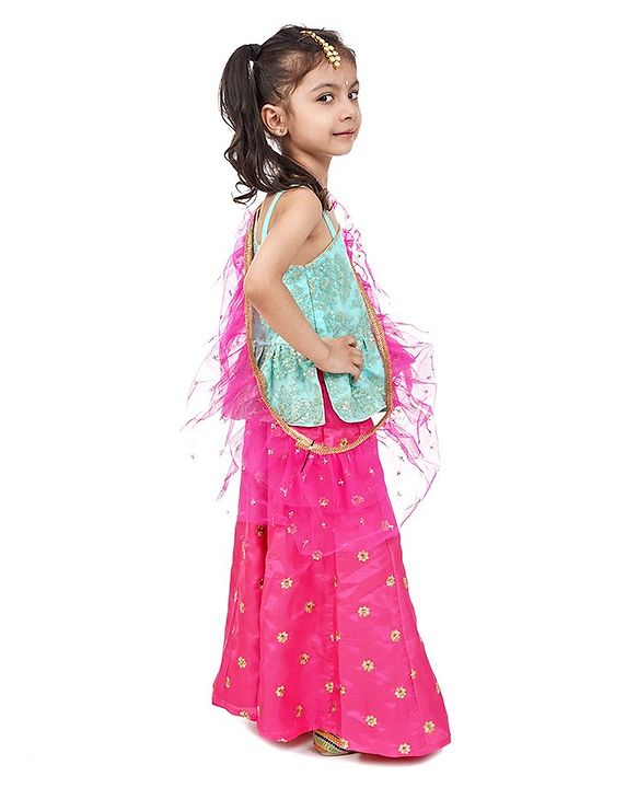 Babyhug One Shoulder Choli and Lehenga with Ruffled Net Dupatta Floral Embroidery - Blue Pink