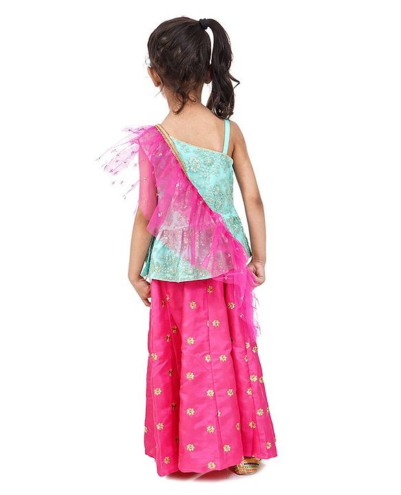 Babyhug One Shoulder Choli and Lehenga with Ruffled Net Dupatta Floral Embroidery - Blue Pink