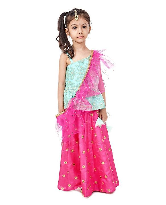 Babyhug One Shoulder Choli and Lehenga with Ruffled Net Dupatta Floral Embroidery - Blue Pink