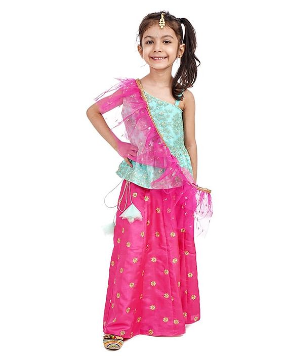 Babyhug One Shoulder Choli and Lehenga with Ruffled Net Dupatta Floral Embroidery - Blue Pink