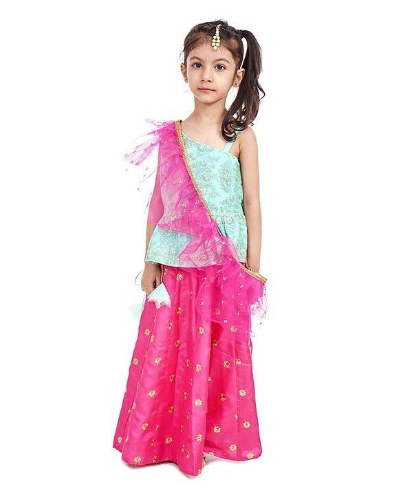 Babyhug One Shoulder Choli and Lehenga with Ruffled Net Dupatta Floral Embroidery - Blue Pink