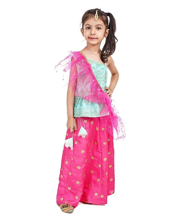Babyhug One Shoulder Choli and Lehenga with Ruffled Net Dupatta Floral Embroidery - Blue Pink