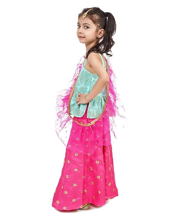 Babyhug One Shoulder Choli and Lehenga with Ruffled Net Dupatta Floral Embroidery - Blue Pink