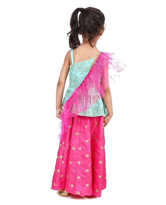 Babyhug One Shoulder Choli and Lehenga with Ruffled Net Dupatta Floral Embroidery - Blue Pink
