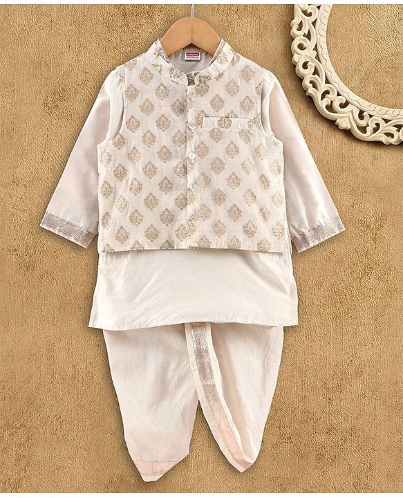 Babyhug Full Sleeves Kurta, Dhoti & Waistcoat - Ivory Gold