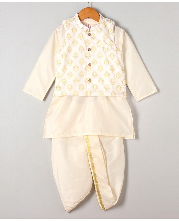 Babyhug Full Sleeves Kurta, Dhoti & Waistcoat - Ivory Gold