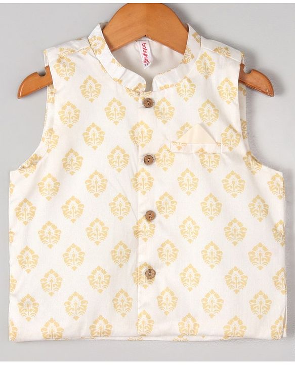 Babyhug Full Sleeves Kurta, Dhoti & Waistcoat - Ivory Gold