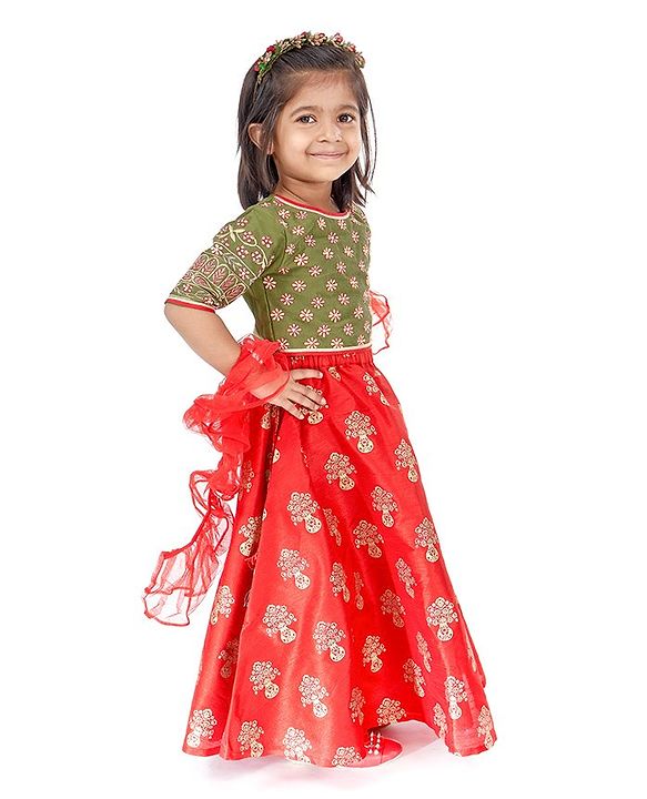 Babyhug Half Sleeves Embroidered Choli Lehenga and Ruffled Dupatta Set - Green Red