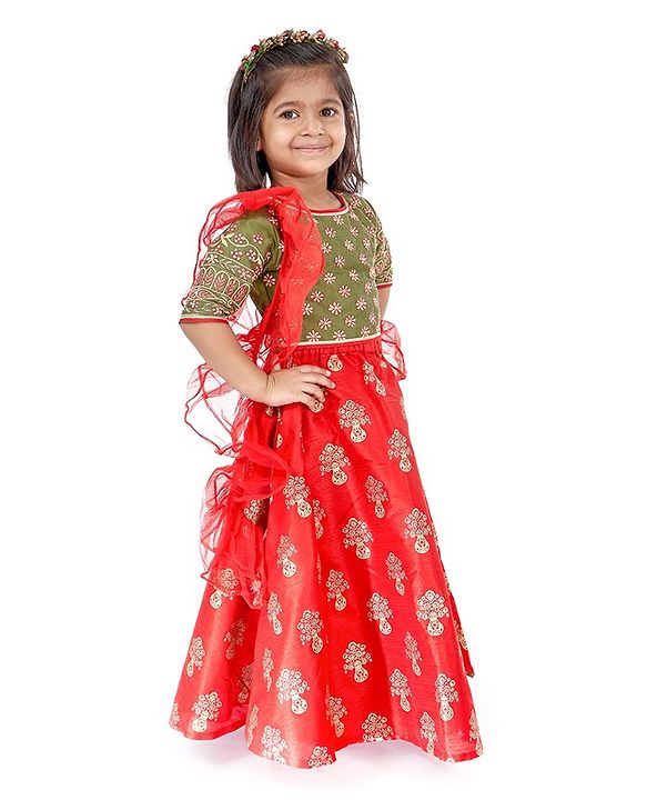 Babyhug Half Sleeves Embroidered Choli Lehenga and Ruffled Dupatta Set - Green Red