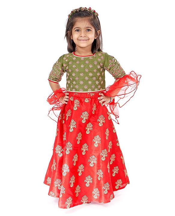 Babyhug Half Sleeves Embroidered Choli Lehenga and Ruffled Dupatta Set - Green Red