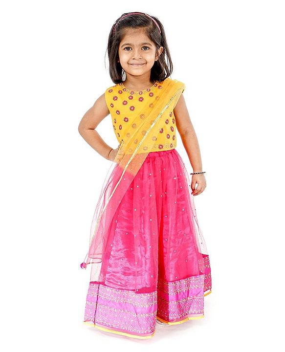 Babyhug Full Length Embroidered Choli Lehenga & Dupatta - Yellow & Fuchsia