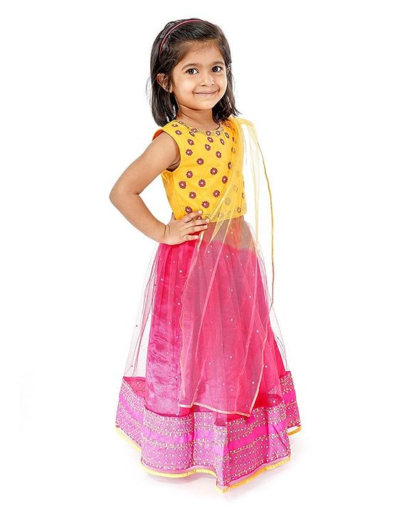 Babyhug Full Length Embroidered Choli Lehenga & Dupatta - Yellow & Fuchsia