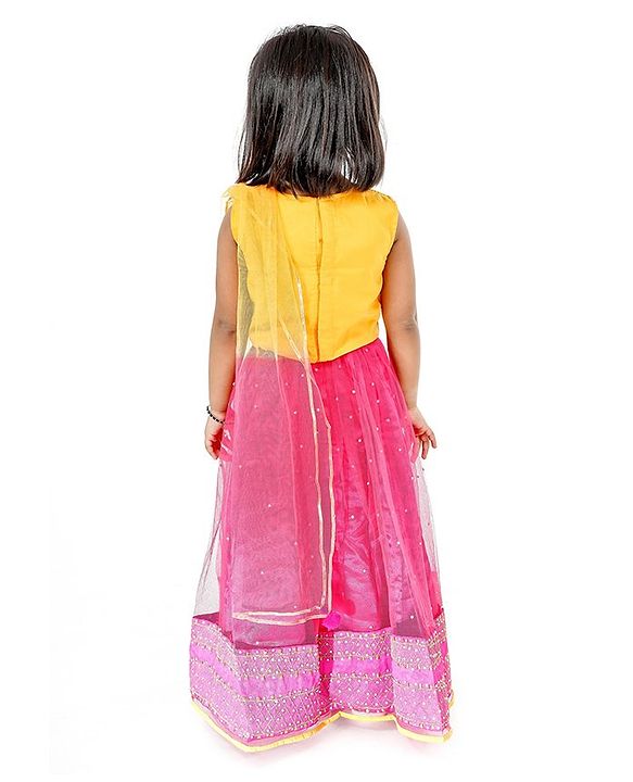 Babyhug Full Length Embroidered Choli Lehenga & Dupatta - Yellow & Fuchsia