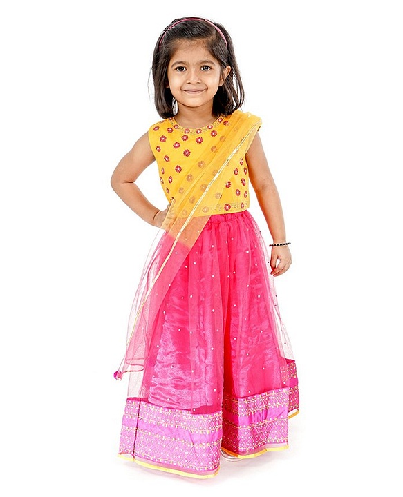 Babyhug Full Length Embroidered Choli Lehenga & Dupatta - Yellow & Fuchsia