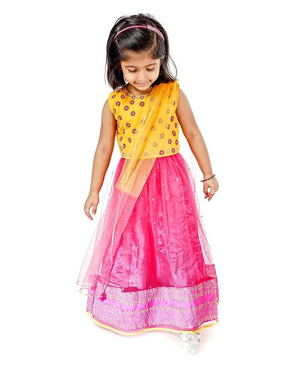 Babyhug Full Length Embroidered Choli Lehenga & Dupatta - Yellow & Fuchsia