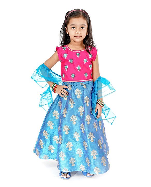 Babyhug Embroidered Choli Lehenga & Dupatta - Fuchsia Pink & Blue