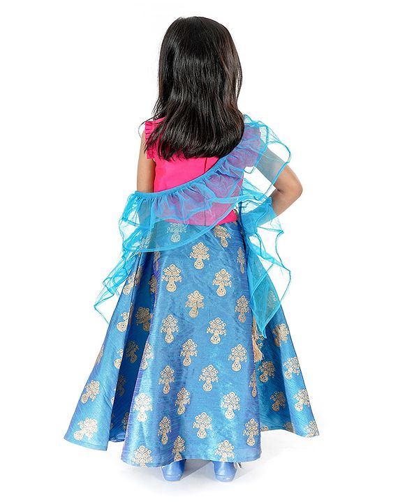 Babyhug Embroidered Choli Lehenga & Dupatta - Fuchsia Pink & Blue
