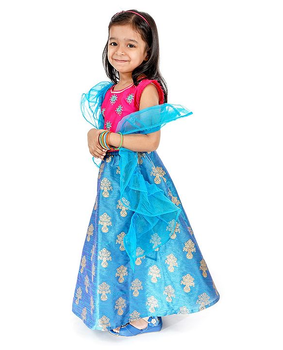 Babyhug Embroidered Choli Lehenga & Dupatta - Fuchsia Pink & Blue